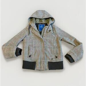 VTG American Eagle Women’s Plaid Hooded Bomber Jacket Sherpa Lined Y2K Utility